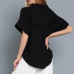 AaKaa NEW ARRIVALS Black Short Sleeve Cut Edge Detail Top