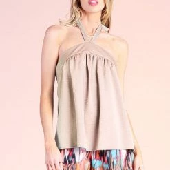 Tyche NEW ARRIVALS Tan Colored Washed Satin Crepe Halter Swing Top