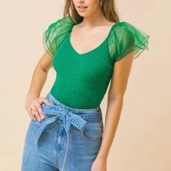Jealous Tomato Green Colored Ribbed Sweater Top NEW ARRIVALS
