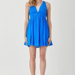 Mustard Seed Maldive Blue V Neck Smock Sleeveless Dress DRESSES