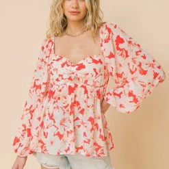 Jealous Tomato Red And Ivory Sweetheart Neckline Woven Top NEW ARRIVALS