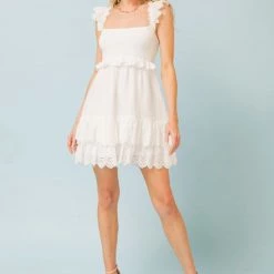 Flying Tomato Off White Solid And Eyelet Combination Mini Dress NEW ARRIVALS