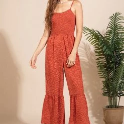 Very J Rust Colored Smocked Spotted Print Flare Jumpsuit