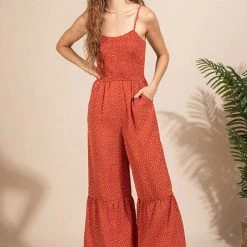Very J Rust Colored Smocked Spotted Print Flare Jumpsuit