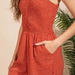 Very J Rust Colored Smocked Spotted Print Flare Jumpsuit