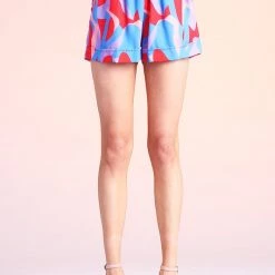 Tyche Blue And Red Color Mix Ruffle Waist Shorts