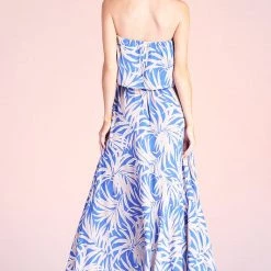 Tyche NEW ARRIVALS Blue Palm Print Strapless Maxi Dress