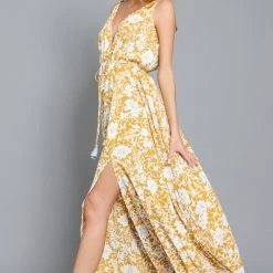 AaKaa Mustard And White Front Tie Maxi Dress