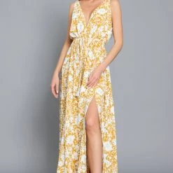 AaKaa Mustard And White Front Tie Maxi Dress