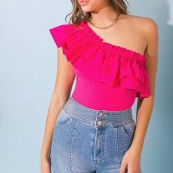 Jealous Tomato Fuchsia One Shoulder Bodysuit