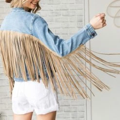 Vevert NEW ARRIVALS Dolly Medium Wash Denim And Suede Fringe Jacket