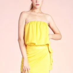 Tyche Sunny Yellow Washed Satin Wrap Romper NEW ARRIVALS