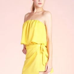 Tyche Sunny Yellow Washed Satin Wrap Romper NEW ARRIVALS