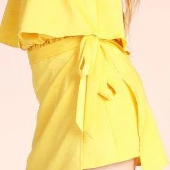 Tyche Sunny Yellow Washed Satin Wrap Romper NEW ARRIVALS