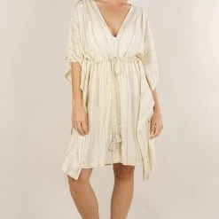 THE WEARHOUSE Off White Summer Fun Striped Metallic Kaftan NEW ARRIVALS
