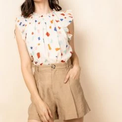 THML Cream And Multi Color Design Flutter Sleeve Top