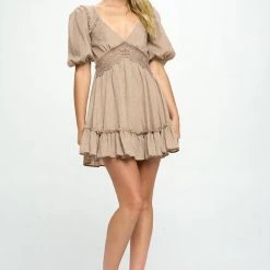 One And Only Collective Choclate Colored Puff Sleeve Mini Dress