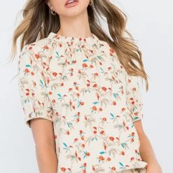 THML Cream And Floral Short Sleeve Print Top TOPS