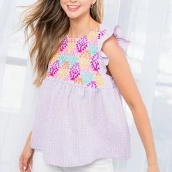 THML Lilac Colored Multi Design Embroidered Textured Top