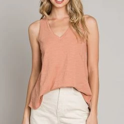 Be Cool NEW ARRIVALS Cantaloupe Colored V Neck Dye Cotton Tank Top