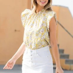 THML NEW ARRIVALS Yellow Flower Print Flutter Sleeve Top