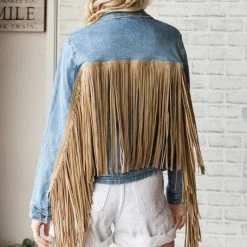 Vevert NEW ARRIVALS Dolly Medium Wash Denim And Suede Fringe Jacket