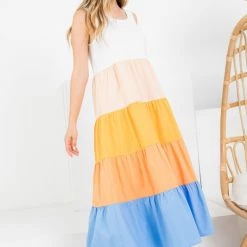 THML White Colorblocked Tiered Maxi Dress