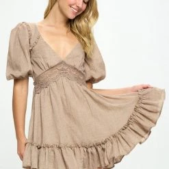 One And Only Collective Choclate Colored Puff Sleeve Mini Dress