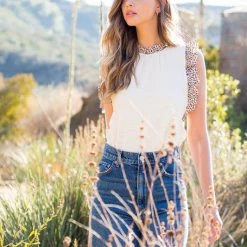 THML Cream And Cheetah Print Ruffle Sleeve Top