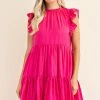 Glam Hot Pink Ruffle High Neck Sleeveless Dress NEW ARRIVALS