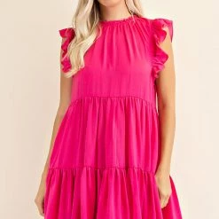 Glam Hot Pink Ruffle High Neck Sleeveless Dress NEW ARRIVALS
