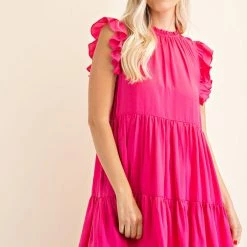 Glam Hot Pink Ruffle High Neck Sleeveless Dress NEW ARRIVALS