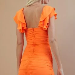 Glam Orange Ruched Mini Dress With Ruffle