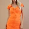 Glam Orange Ruched Mini Dress With Ruffle