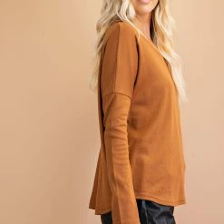 Glam Camel Colored V-Neck Long Sleeve Knit Top