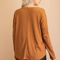 Glam Camel Colored V-Neck Long Sleeve Knit Top