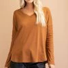 Glam Camel Colored V-Neck Long Sleeve Knit Top