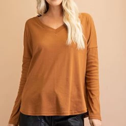 Glam Camel Colored V-Neck Long Sleeve Knit Top