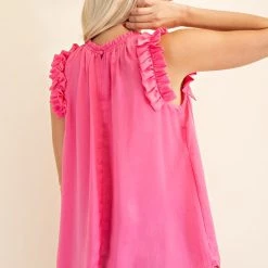 Glam NEW ARRIVALS Hot Pink High Neck Ruffle Sleeve Top