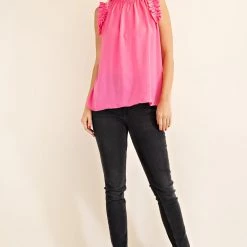 Glam NEW ARRIVALS Hot Pink High Neck Ruffle Sleeve Top