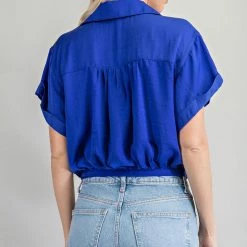 Glam Royal Blue Button Down Knot Front Shirt NEW ARRIVALS