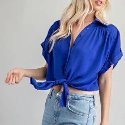 Glam Royal Blue Button Down Knot Front Shirt NEW ARRIVALS