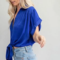 Glam Royal Blue Button Down Knot Front Shirt NEW ARRIVALS