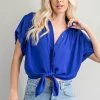 Glam Royal Blue Button Down Knot Front Shirt NEW ARRIVALS