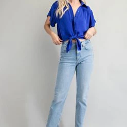 Glam Royal Blue Button Down Knot Front Shirt NEW ARRIVALS