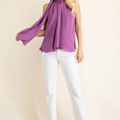 Glam NEW ARRIVALS Purple Colored Tie Front Sleeveless Blouse