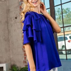 Glam NEW ARRIVALS Royal Blue Ruffled Sleeve Top
