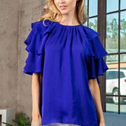 Glam NEW ARRIVALS Royal Blue Ruffled Sleeve Top