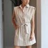 AaKaa Beige And White Shoulder Pad Shirt Mini Dress NEW ARRIVALS