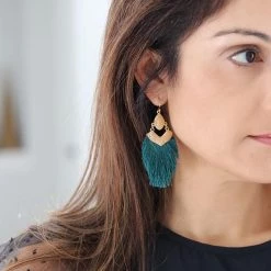 THE WEARHOUSE Hunter Green And Gold Fringe Earrings NEW ARRIVALS